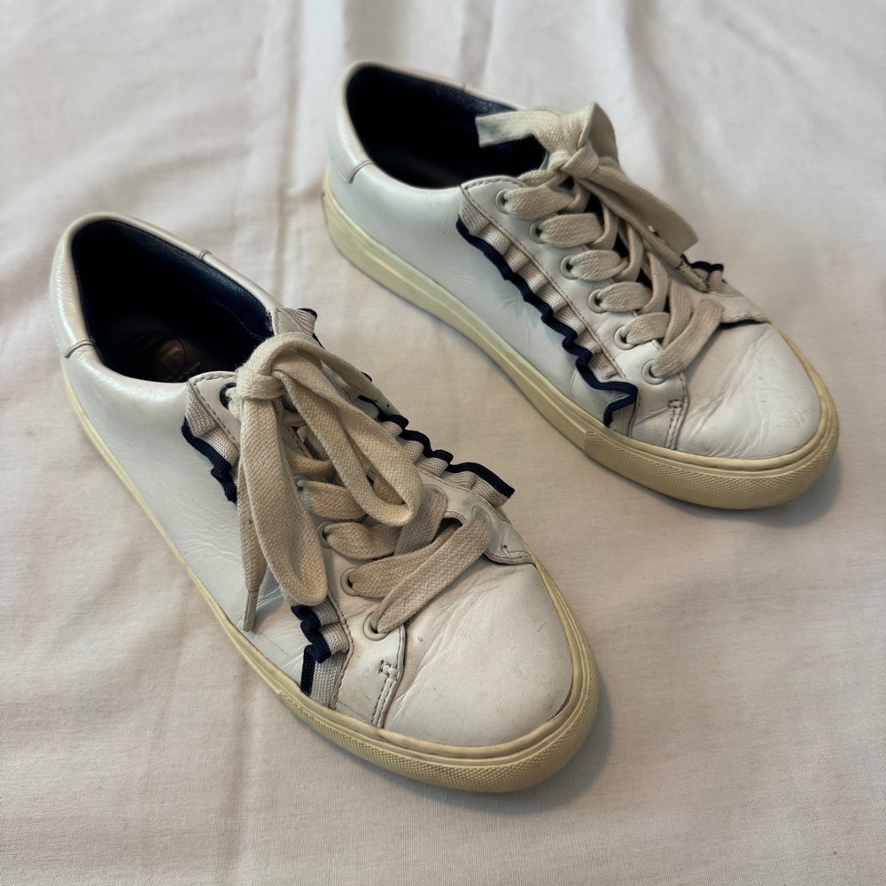 Tory Burch Sport 6.5 Ruffled Sneakers White Leather Lace Up